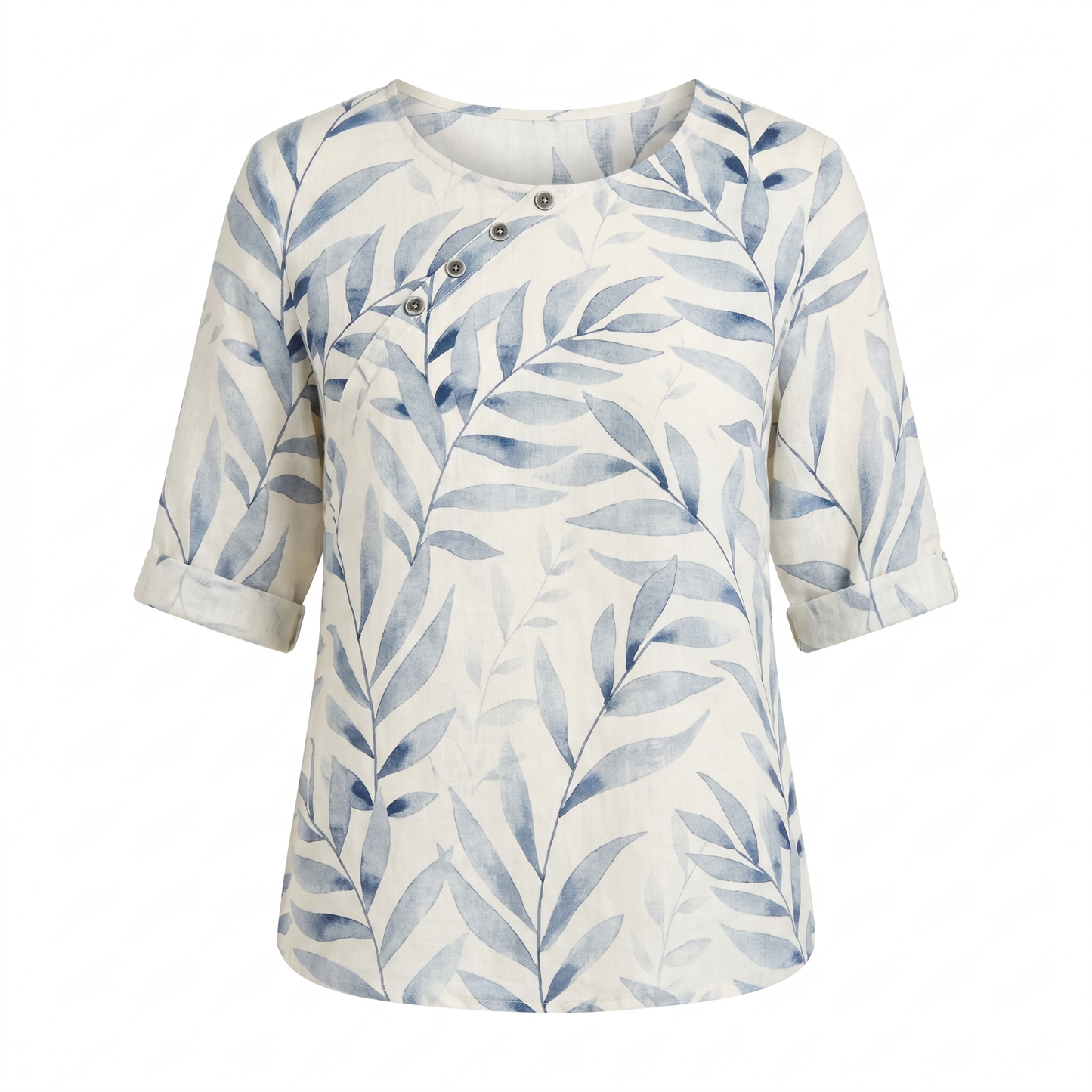 Blusa de Lino con Estampado Botánico para Mujeres, de Cuello Redondo, Manga de Codo, Con Botones, Estilo Relajado