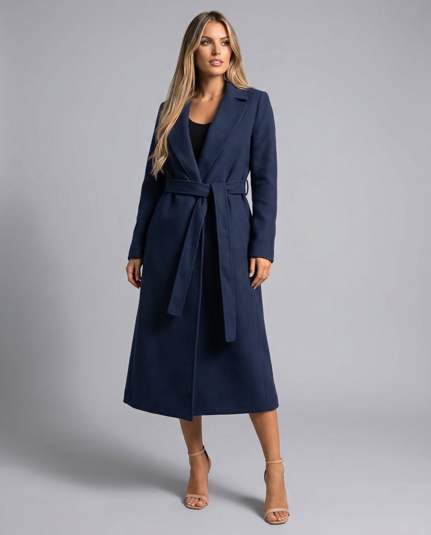 Abrigo Elegante de Lana Azul Marino para Mujeres con Solapa Notch, Manga Larga y Cinturón