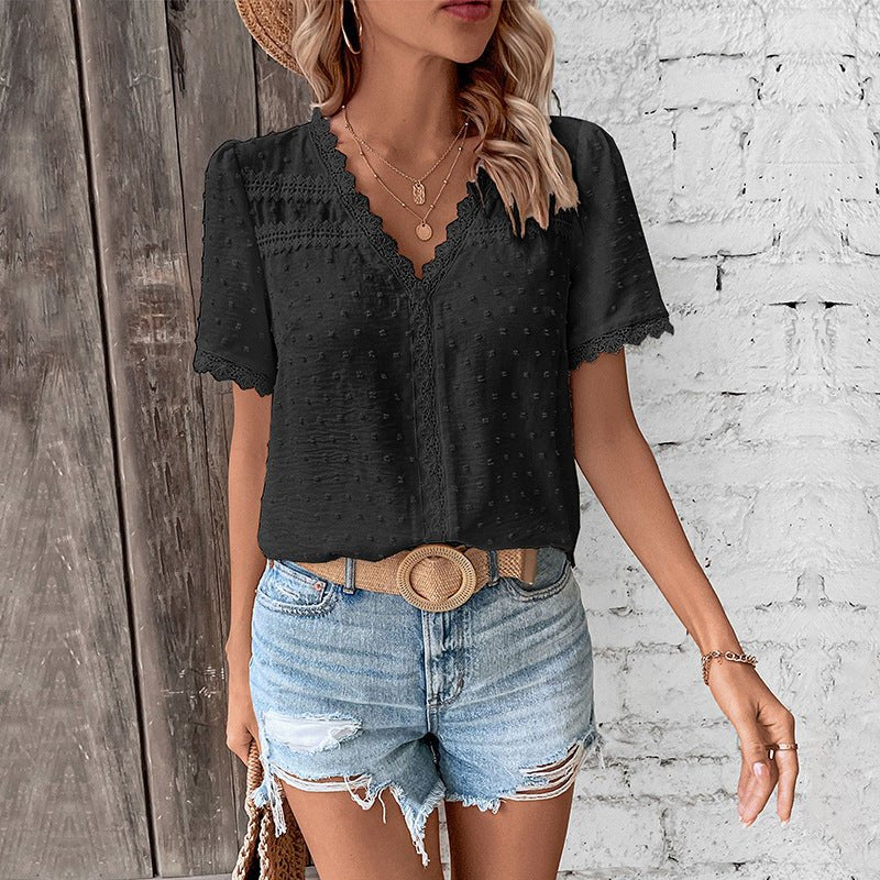 Blusa Suiza de Puntos para Mujeres con Cuello en V y Mangas Cortas con Encaje, Estilo Casual