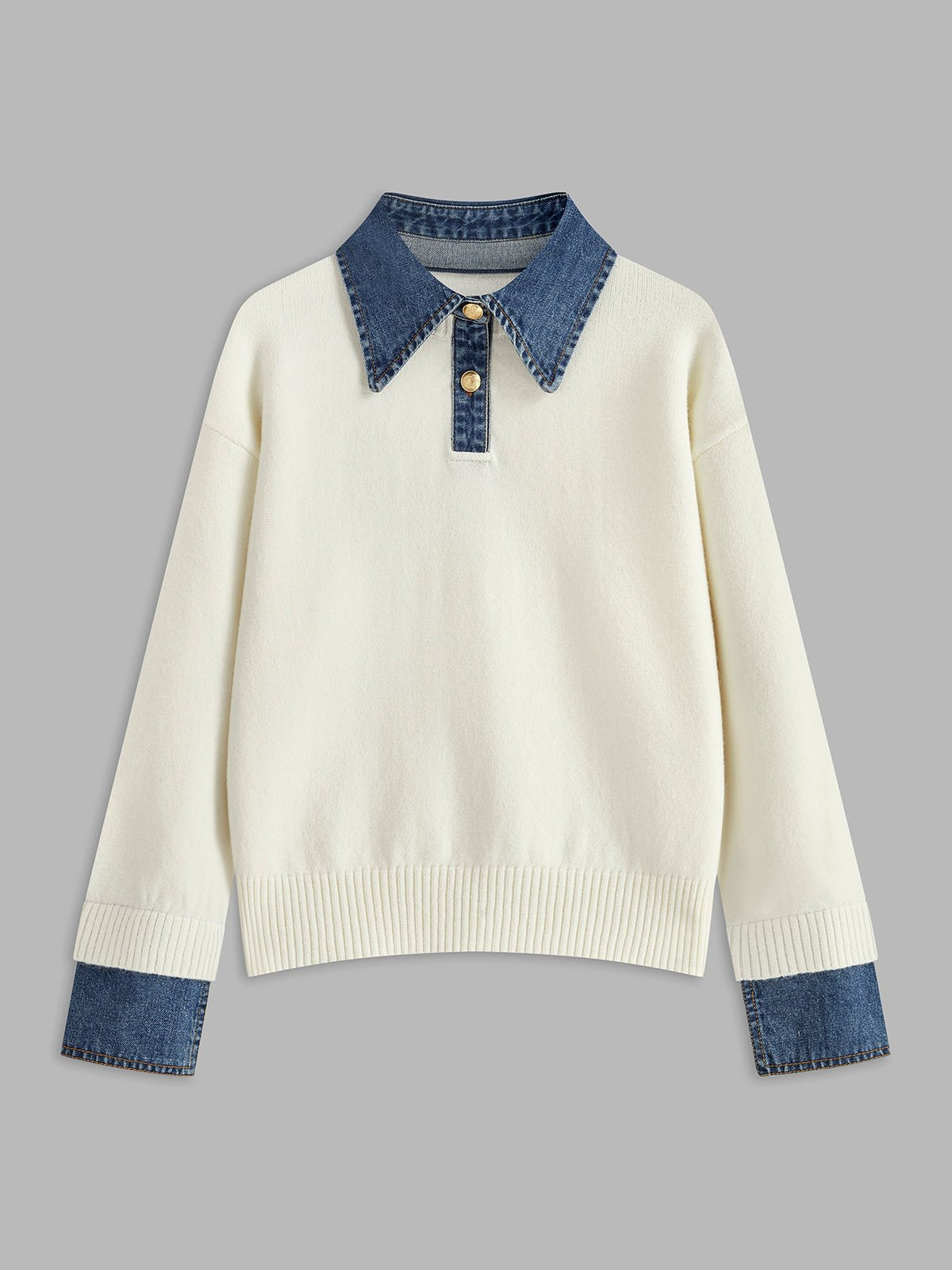 Suéter de Polo de Mezclilla Sin Esfuerzo para Mujeres con Cuello, Manga Larga, Puños Acanalados y Estilo Oversized