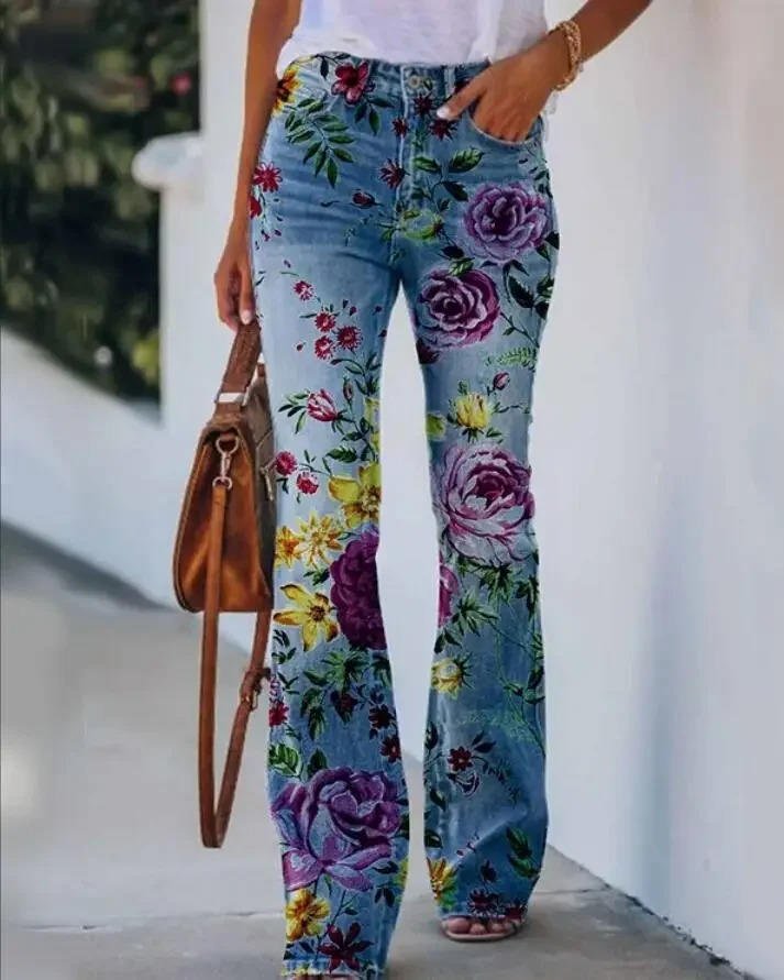 Jeans Florales Sin Esfuerzo para Mujeres con Cintura Alta y Pierna Recta Estilo Casual