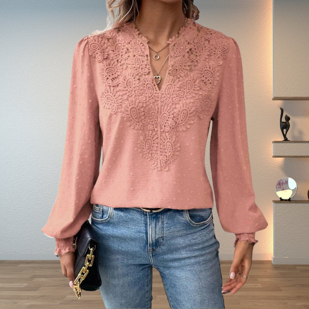 Blusa de Encaje con Puntos Suizos para Mujeres, Estilo Relajado con Cuello en V y Manga Larga con Bordado
