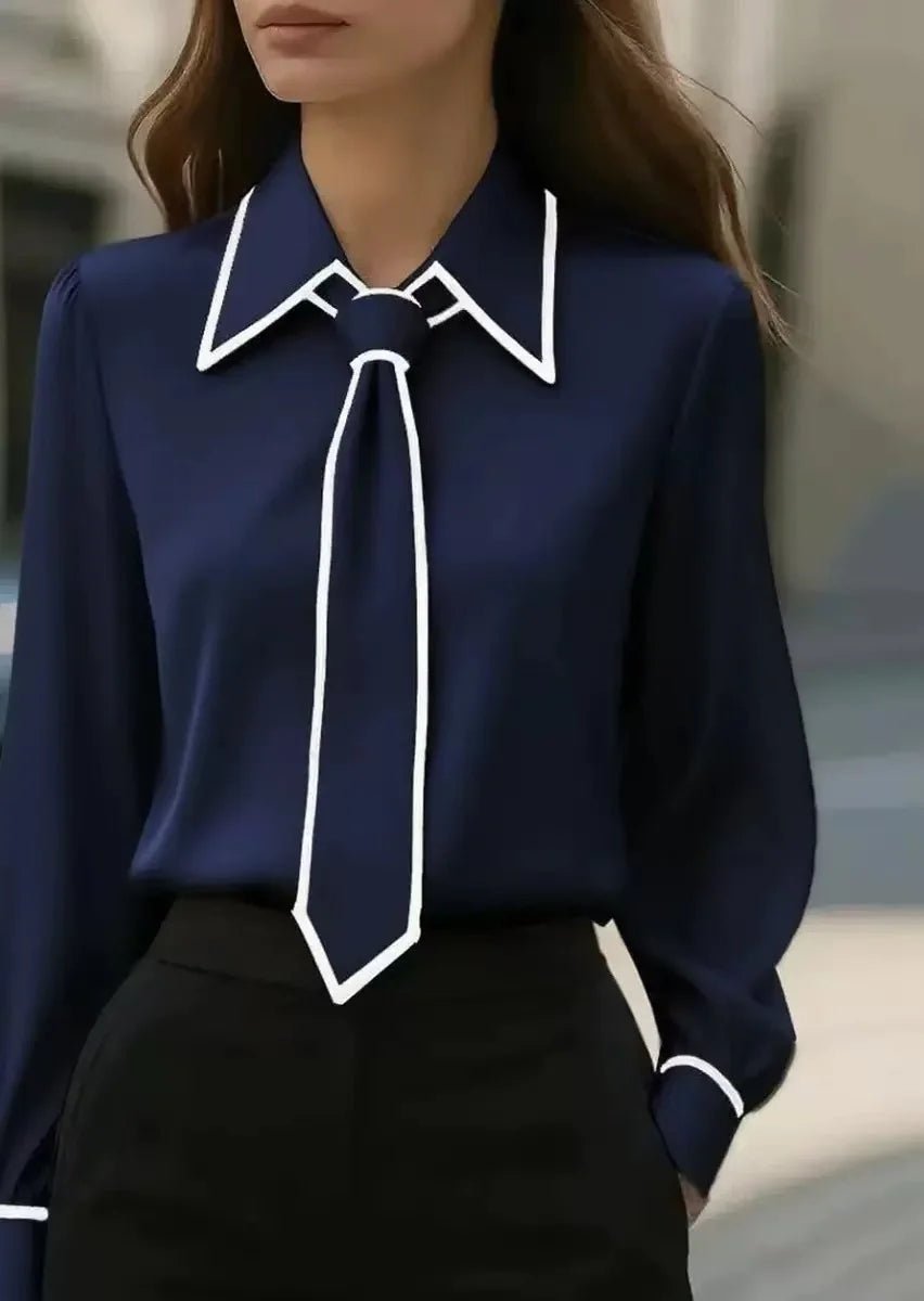 Blusa Elegante con Detalle de Contraste para Mujeres con Cuello Laço, Manga Larga y Puños con Botón Estilo Sedoso