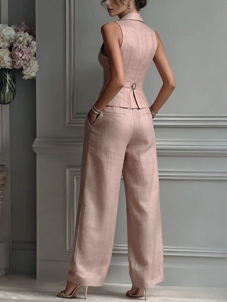 Conjunto de dos piezas de lino elegante en rosa claro para mujeres con chaleco de solapa muesca y pantalón de pierna ancha estilo formal