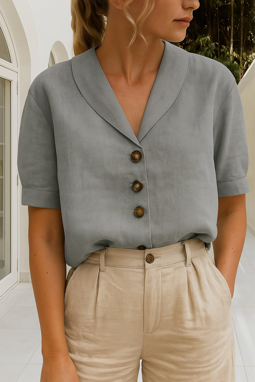 Blusa de Lino Sin Esfuerzo para Mujeres con Cuello de Muesca, Manga Corta, Botones Frontales y Estilo Relajado