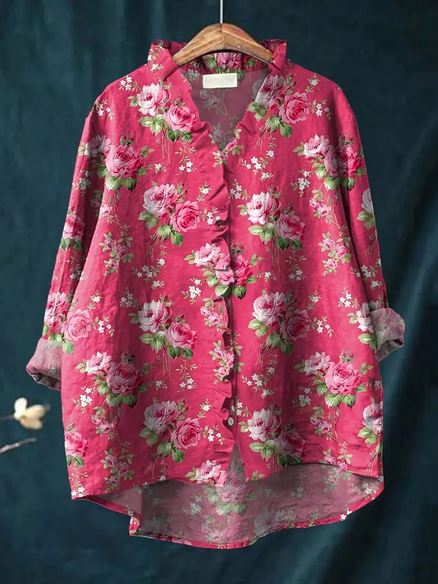 Blusa Floral Rosa Sin Esfuerzo para Mujeres con Cuello en V Rizado, Manga Larga, Dobladillo Alto-Bajo, Estilo Relajado