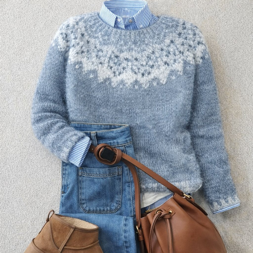 Suéter Azul Fair Isle Cómodo para Mujeres con Cuello Redondo y Manga Larga, Estilo Relajado y Oversized