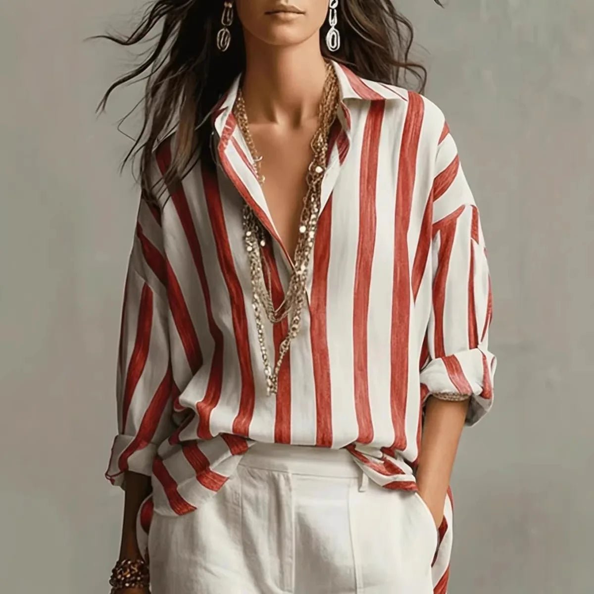 Blusa a Rayas Sin Esfuerzo para Mujeres con Cuello, Manga Larga, Estilo Casual y Relajado, Talla Oversized