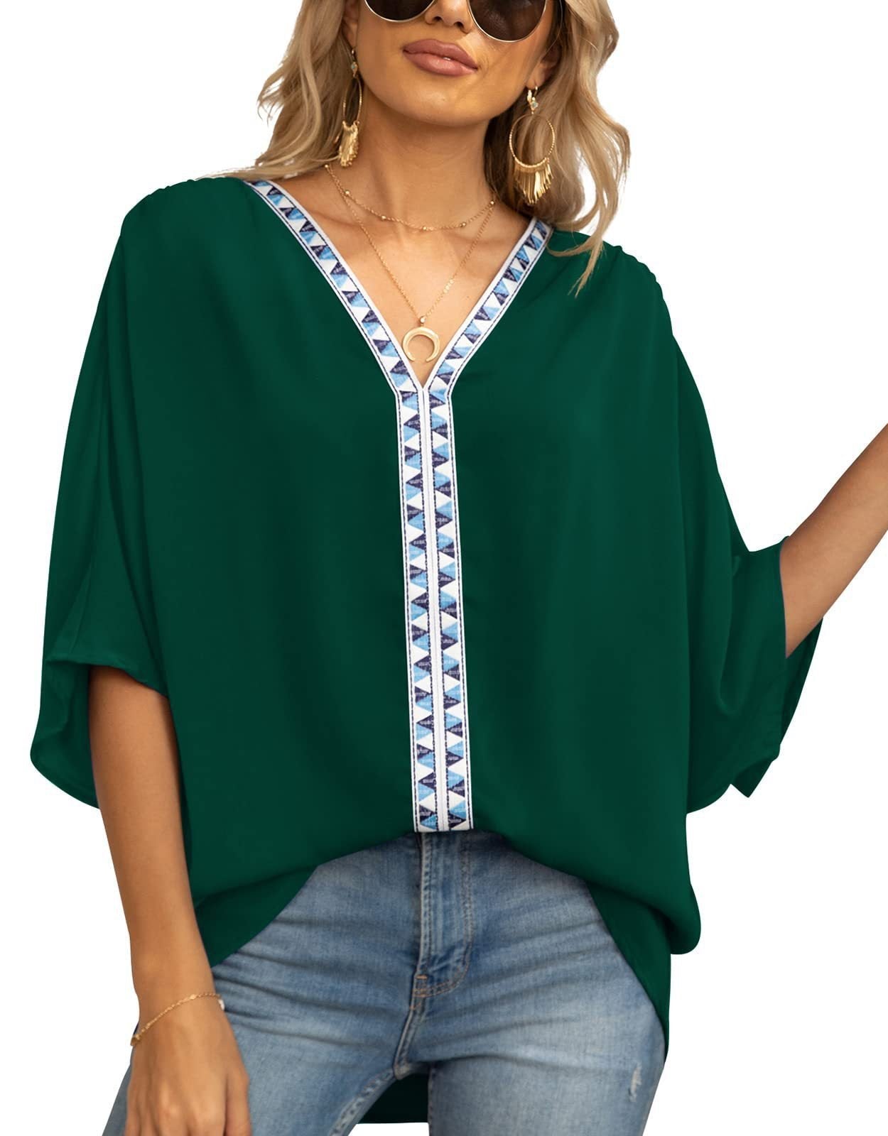 Blusa con Bordado y Mangas Murciélago para Mujeres con Escote en V y Dobladillo Asimétrico Estilo Bohemio
