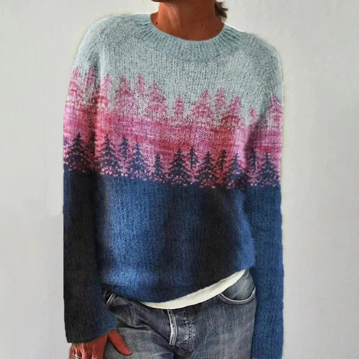 Suéter de Punto Fair Isle Cómodo para Mujeres con Cuello Barco, Manga Larga, Estilo Relajado y Oversized