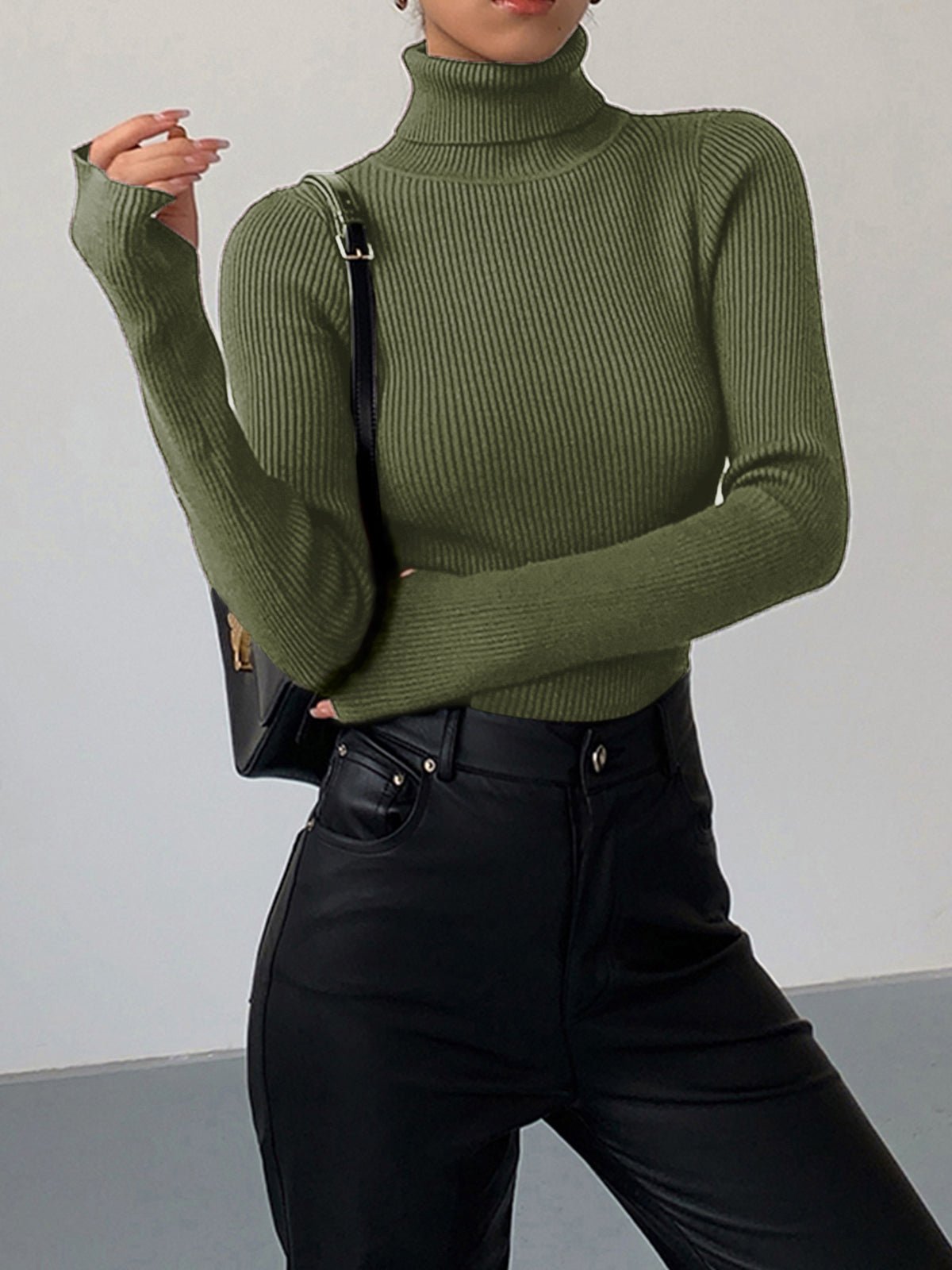 Suéter de punto acanalado cómodo para mujeres con cuello alto, de manga larga y estilo ajustado bodycon