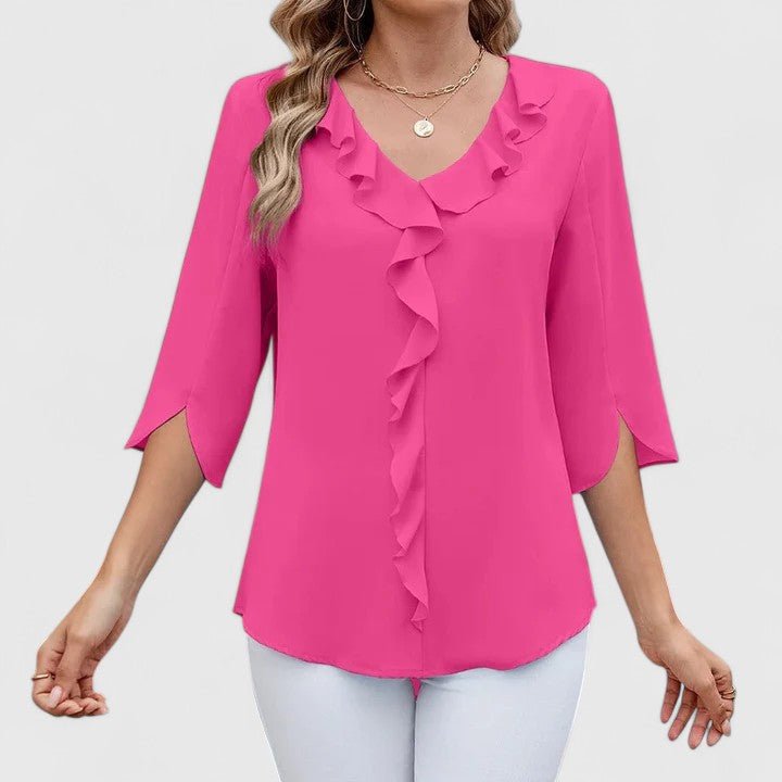 Blusa de Chiffon con Volantes para Mujeres con Escote en V y Mangas Abiertas, Estilo Relajado y Fluido