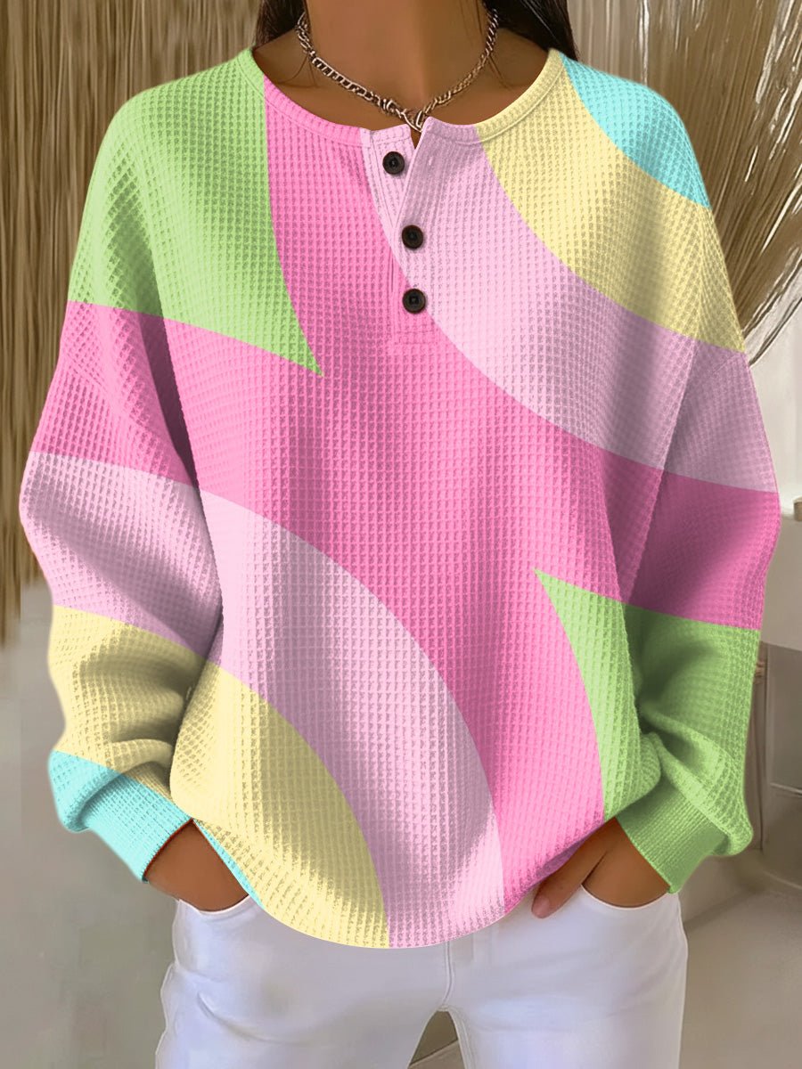Top de Henley de Punto Waffle en Color Block Rosa para Mujeres con Botones en la Parte Frontal, Manga Larga, Estilo Oversized y Relajado