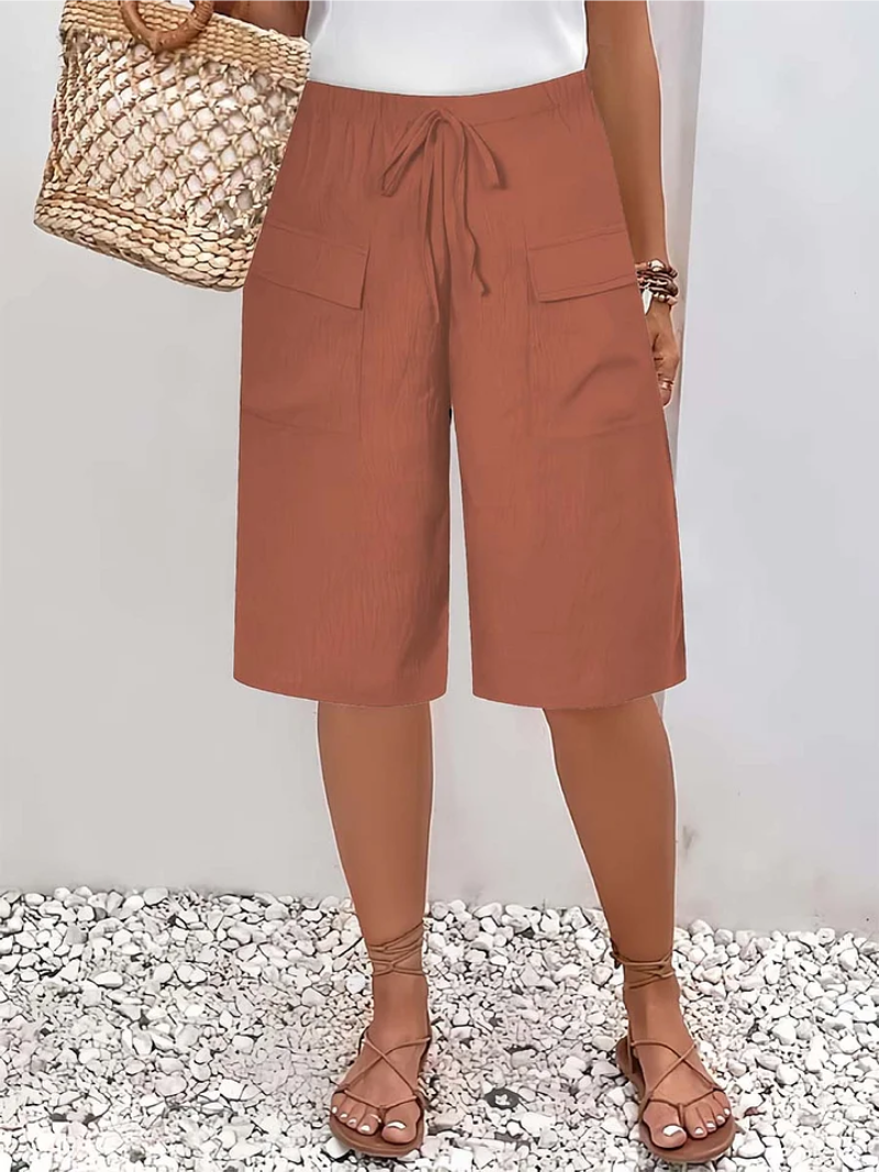 Pantalones Cortos Cargo de Lino Sin Esfuerzo para Mujeres con Cintura Alta, Cinturilla Ajustable y Pierna Ancha en Estilo Casual Relajado
