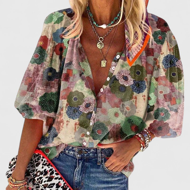 Blusa Floral Verde Sin Esfuerzo para Mujeres con Cuello en V, Manga Globo y Botones al Frente Estilo Bohemio