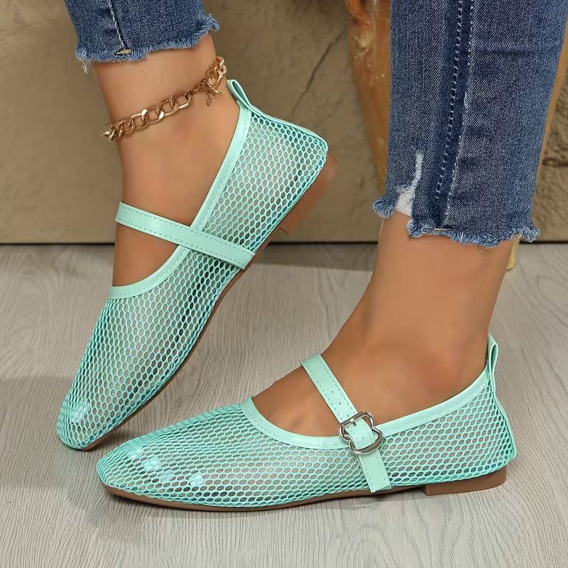 Zapatos Mary Jane Cómodos para Mujeres con Correa de Hebilla de Malla Tejida Estilo Plano