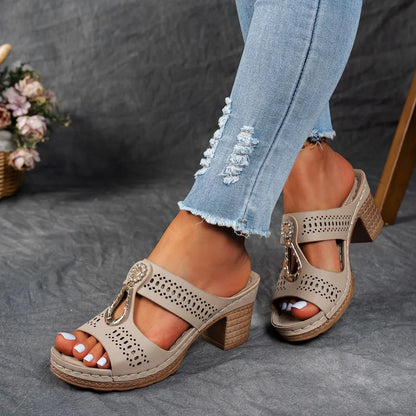Mules cómodos con tacón para mujeres con detalle de anillo de metal, tacón bloque, estilo abierto y fácil de poner