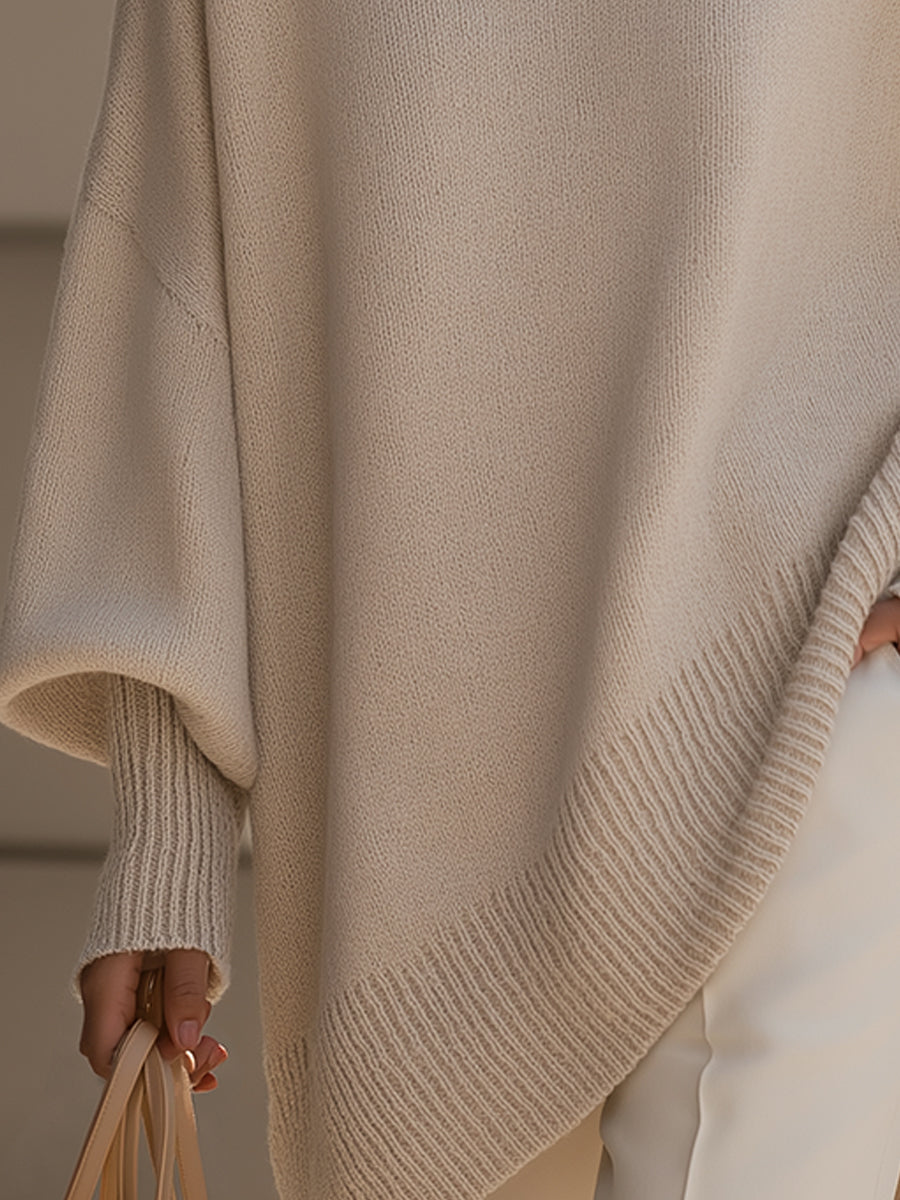 Suéter Poncho de Punto Cómodo para Mujeres con Cuello Redondo y Mangas Murciélago Oversized de Estilo Asimétrico