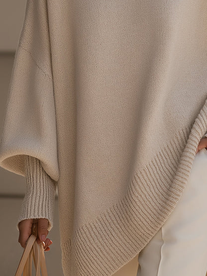 Suéter Poncho de Punto Cómodo para Mujeres con Cuello Redondo y Mangas Murciélago Oversized de Estilo Asimétrico