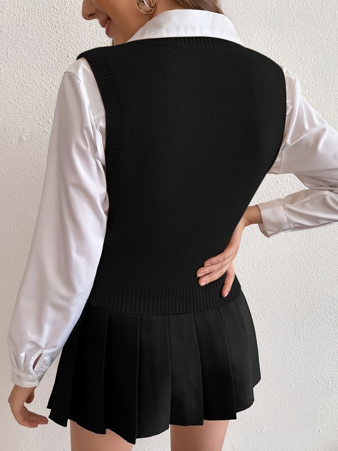Chaleco de Punto Trenzado Cómodo para Mujeres con Escote en V, Sin Mangas y Dobladillo Acanalado, Estilo Preppy