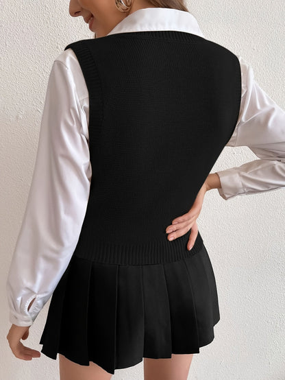 Chaleco de Punto Trenzado Cómodo para Mujeres con Escote en V, Sin Mangas y Dobladillo Acanalado, Estilo Preppy