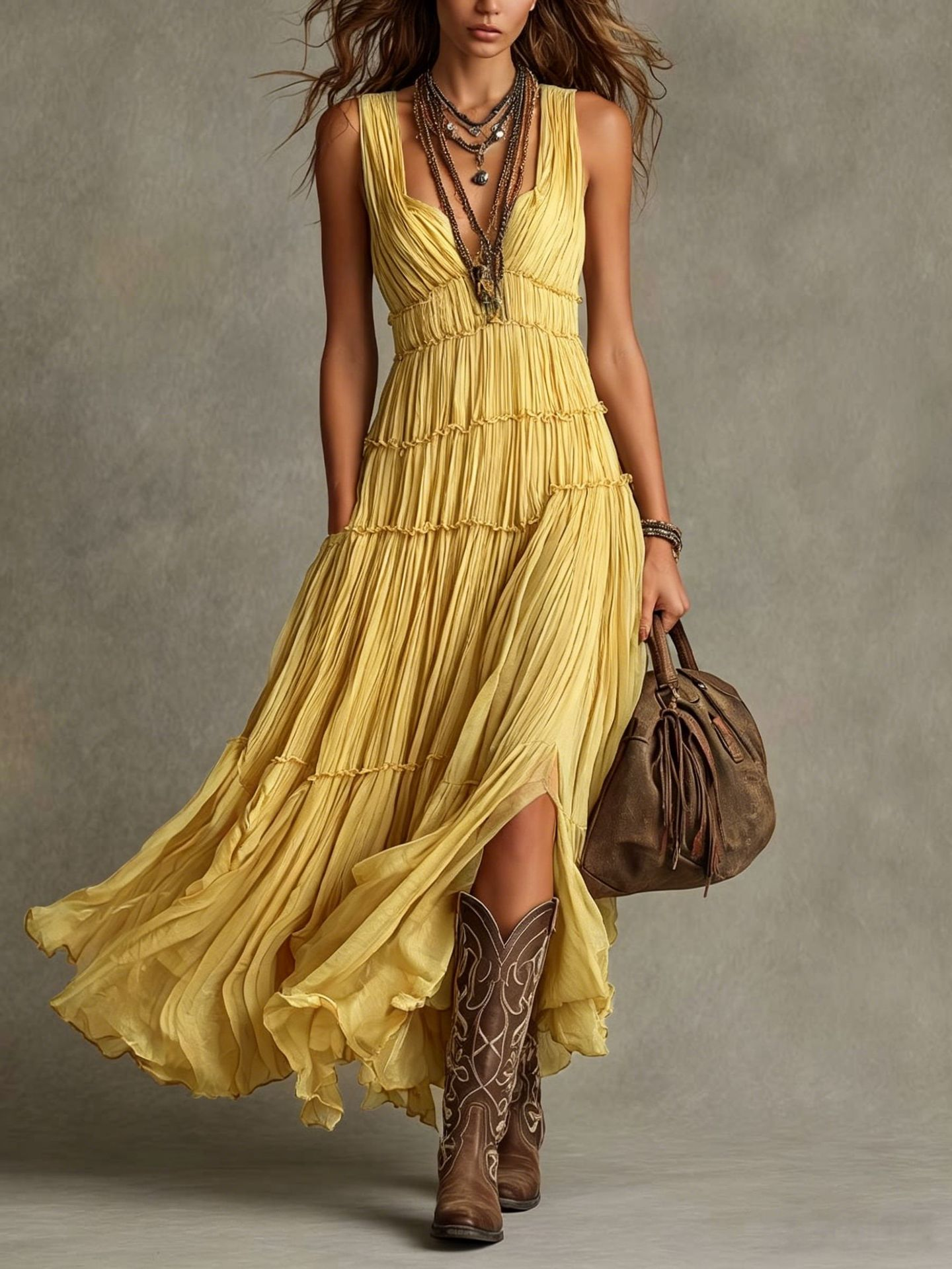 Vestido Maxi Escalonado Sin Esfuerzo para Mujeres con Escote en V, Sin Mangas, Plisado y Estilo Bohemio