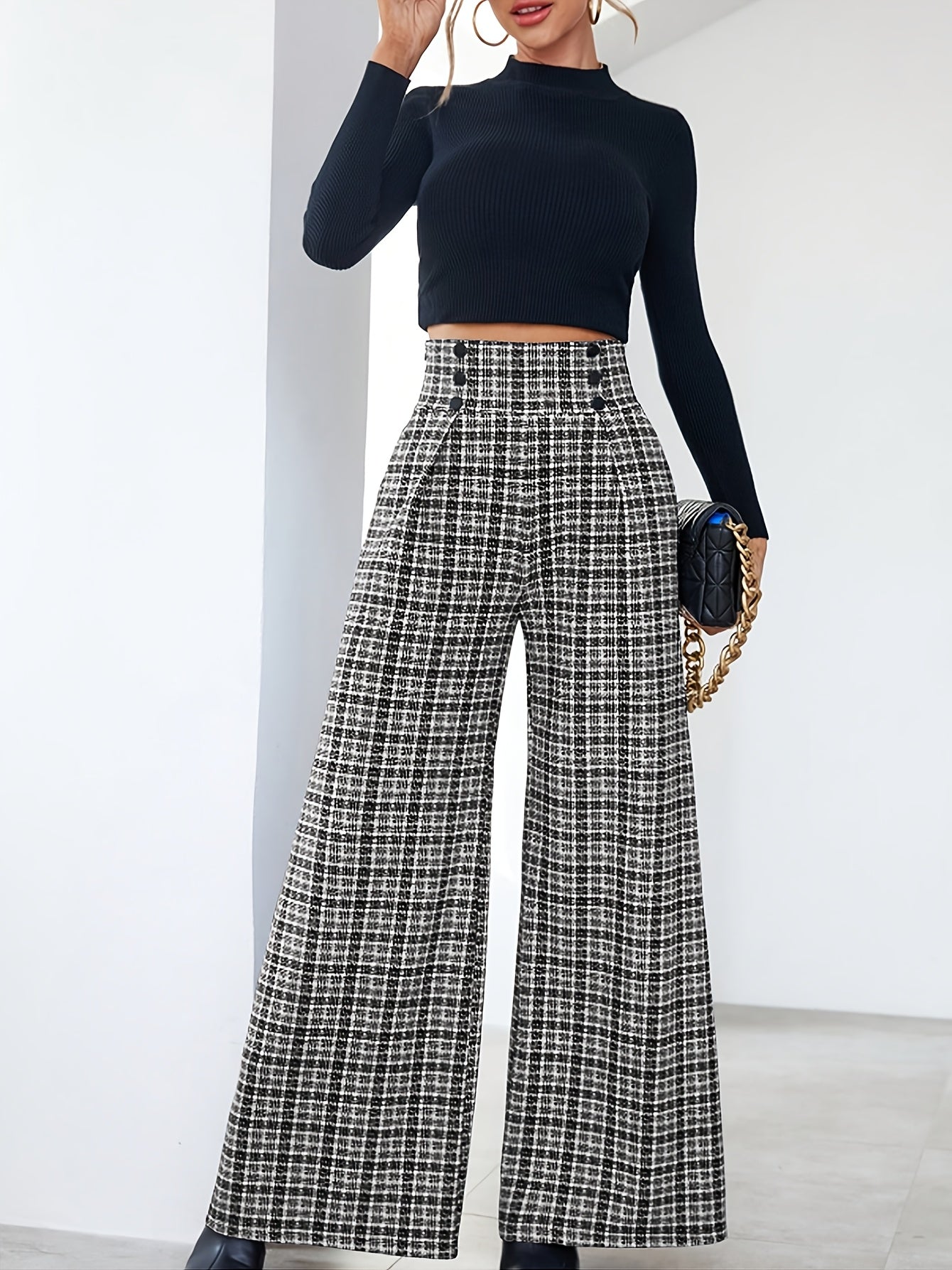 Pantalones Anchos de Tweed a Cuadros Elegantes para Mujeres con Cintura Alta y Frente de Botones con Pliegues Estilo Relajado