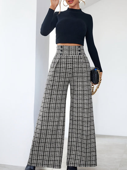 Pantalones Anchos de Tweed a Cuadros Elegantes para Mujeres con Cintura Alta y Frente de Botones con Pliegues Estilo Relajado