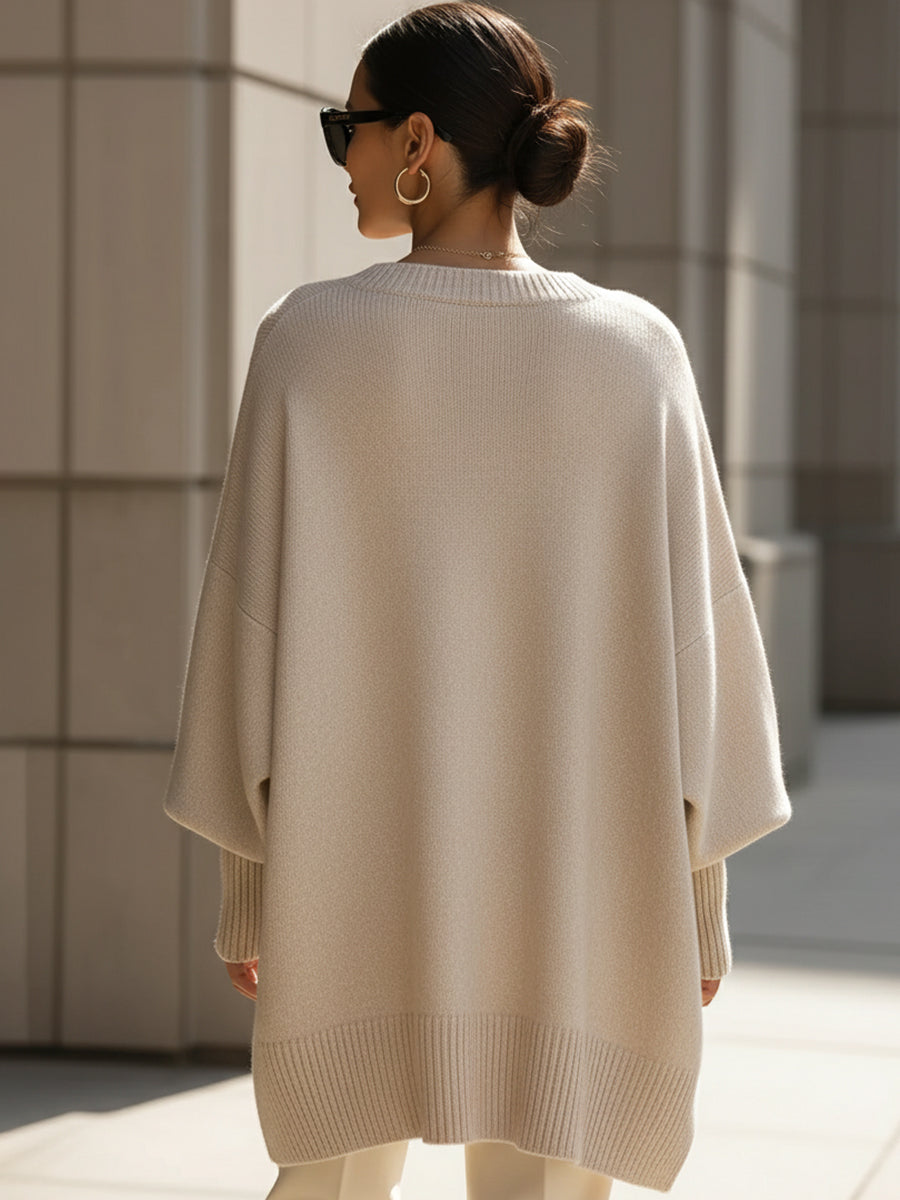 Suéter Poncho de Punto Cómodo para Mujeres con Cuello Redondo y Mangas Murciélago Oversized de Estilo Asimétrico