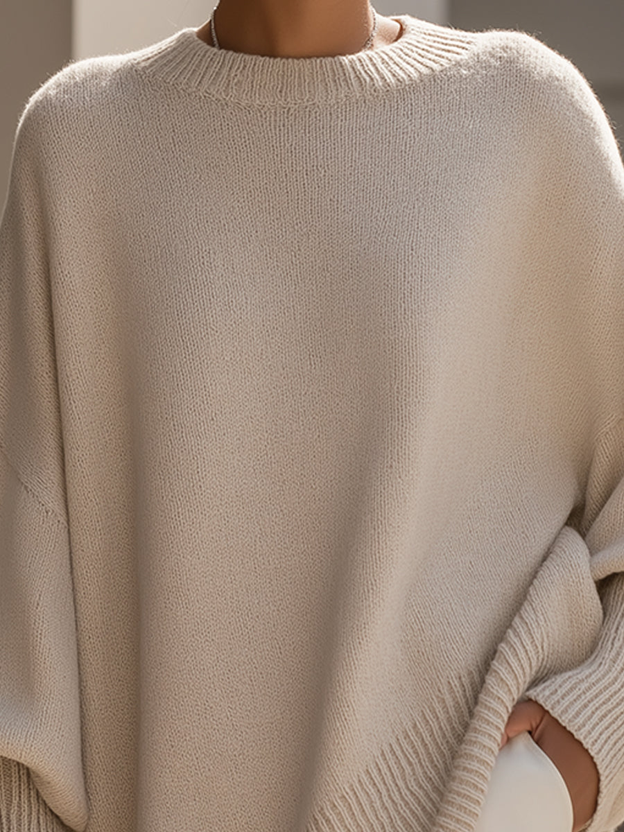 Suéter Poncho de Punto Cómodo para Mujeres con Cuello Redondo y Mangas Murciélago Oversized de Estilo Asimétrico