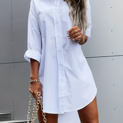 Vestido Camisa Oversized Sin Esfuerzo para Mujeres con Cuello, Manga Larga y Dobladillo Asimétrico Estilo Casual