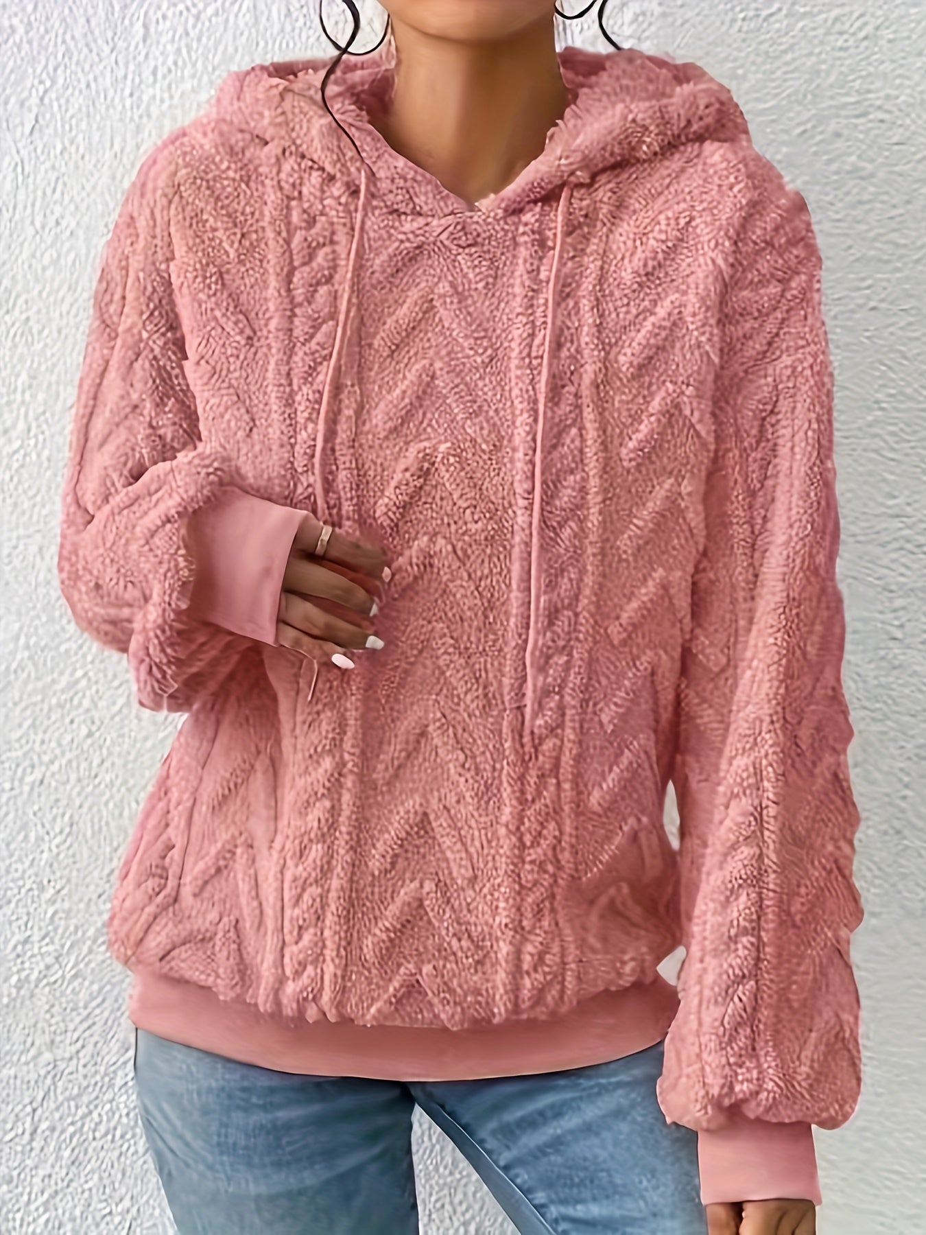 Sudadera de Forro Polar de Punto Trenzado Cómoda para Mujeres con Capucha Ajustable, Manga Larga, Estilo Oversized y Acogedor