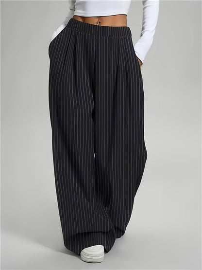 Pantalones Anchos de Rayas en Negro para Mujeres con Cintura Alta, Plisados y Estilo Relajado