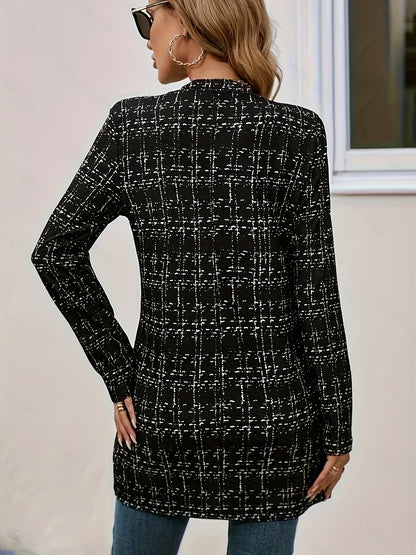 Blazer Largo de Tweed Negro Elegante para Mujeres con Cuello de Pico, Manga Larga y Estilo Relajado