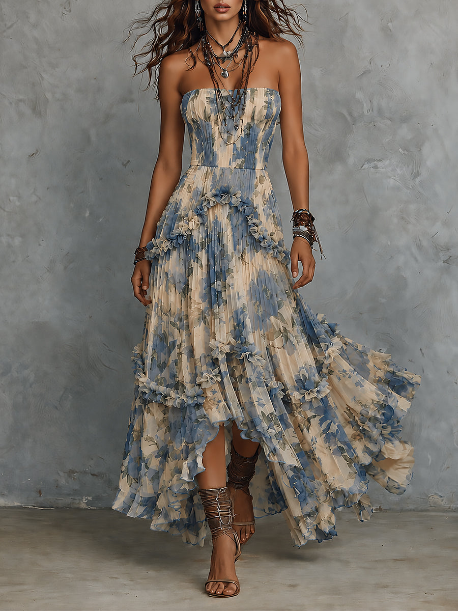 Vestido Maxi Floral Azul Sin Esfuerzo para Mujeres con Estilo Bohemio de Volantes en Capas y Sin Tirantes
