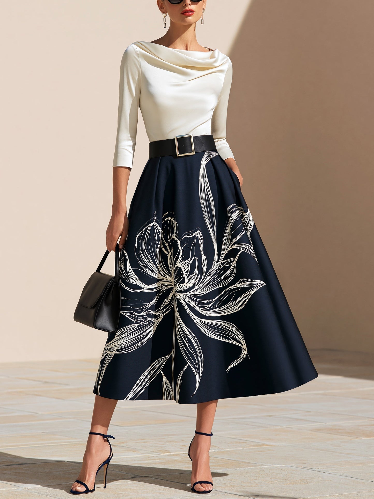 Falda Midi Floral Elegante en Azul Marino para Mujeres con Estilo A Line Plisado Completo