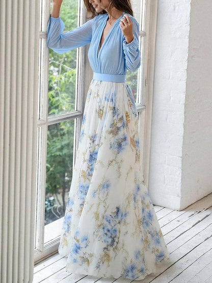 Elegante Vestido Maxi Floral Azul para Mujeres con Escote en V y Mangas Largas de Estilo Bohemio