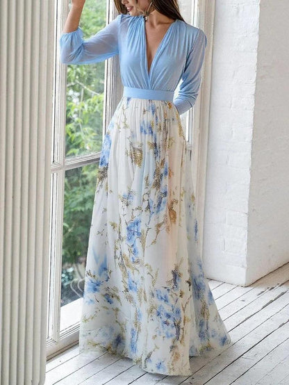 Elegante Vestido Maxi Floral Azul para Mujeres con Escote en V y Mangas Largas de Estilo Bohemio