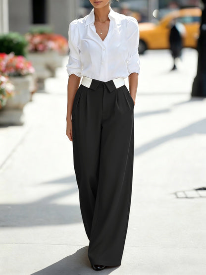 Pantalones de Pierna Ancha Sin Esfuerzo para Mujeres con Cintura Alta, Cinturón con Lazo Plisado Estilo Tailored