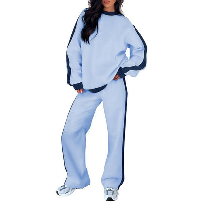 Conjunto de Pierna Ancha Sin Esfuerzo para Mujeres con Cuello Redondo y Manga Larga, Estilo Relajado de Dos Piezas