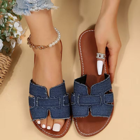 Sandalias Planas Cómodas para Mujeres con Tira Ancha Recortada Estilo Abierto