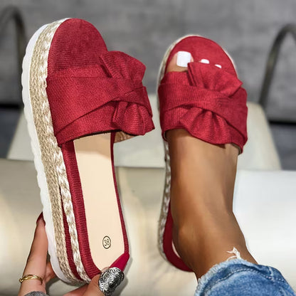 Sandalias de Deslizamiento Cómodas para Mujeres con Detalle de Lazo en Plataforma de Espadrille de Punta Abierta