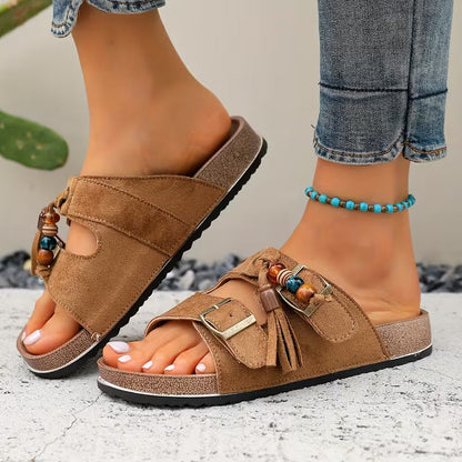 Sandalias de Deslizamiento Cómodas para Mujeres con Detalle de Borlas, Correa con Hebilla, Plantilla Contorneada y Estilo de Punta Abierta