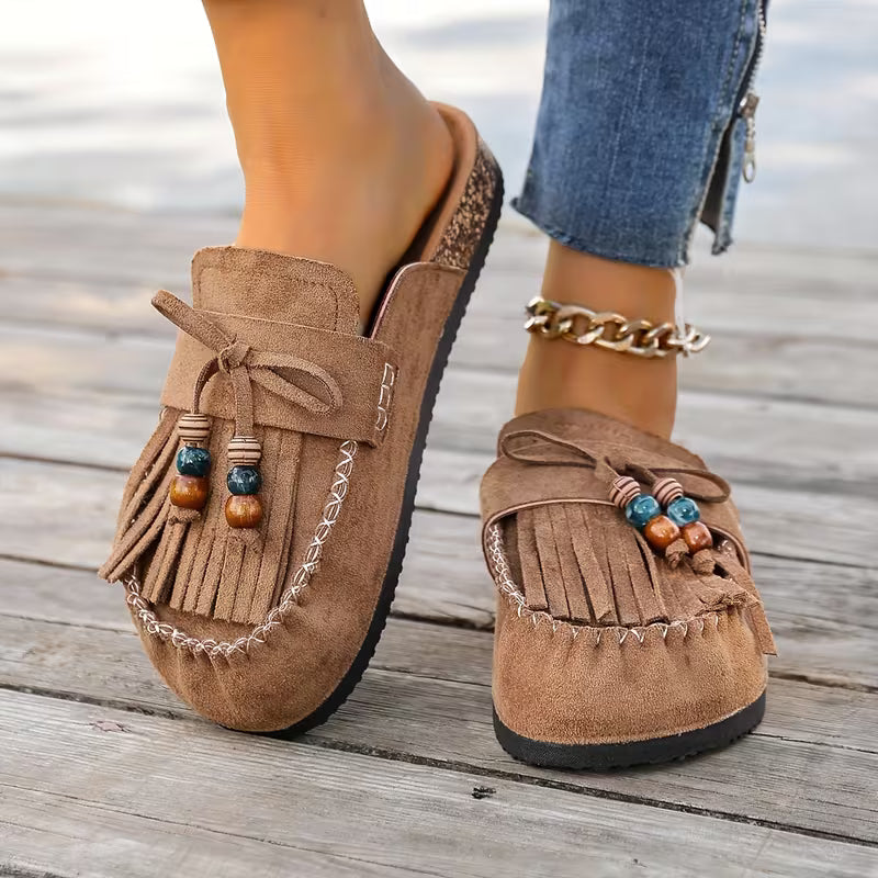 Mules Elegantes para Mujeres con Flecos, Borlas, Cuentas y Estilo Mocasín Slip On