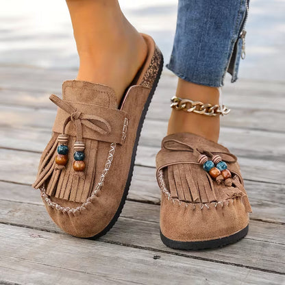 Mules Elegantes para Mujeres con Flecos, Borlas, Cuentas y Estilo Mocasín Slip On