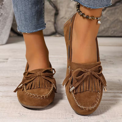 Zapatos de Casa Cómodos para Mujeres con Moño de Flecos Estilo Mocasín Sin Cordones