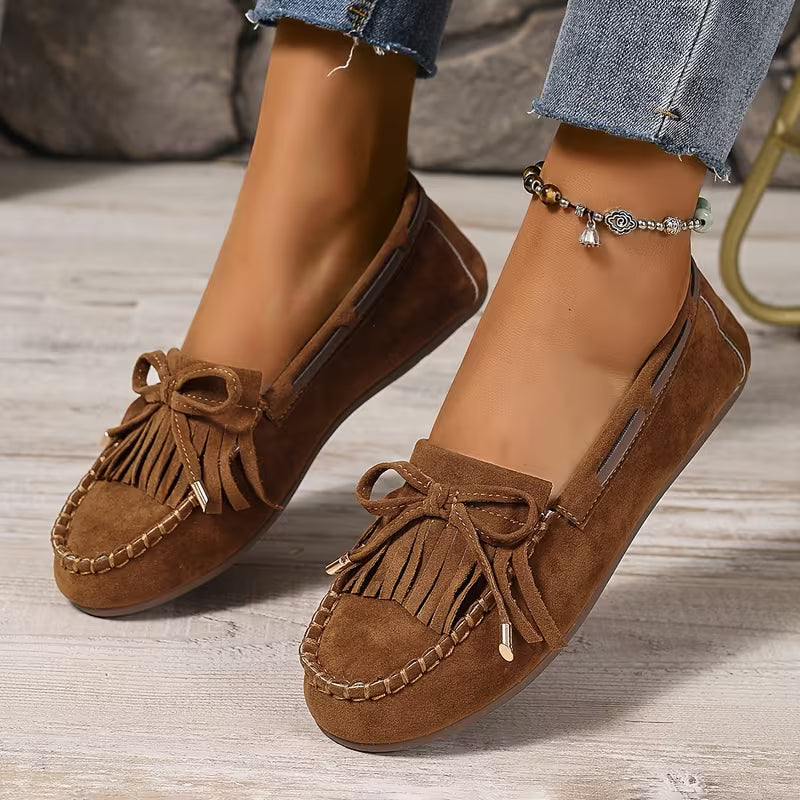 Zapatos de Casa Cómodos para Mujeres con Moño de Flecos Estilo Mocasín Sin Cordones