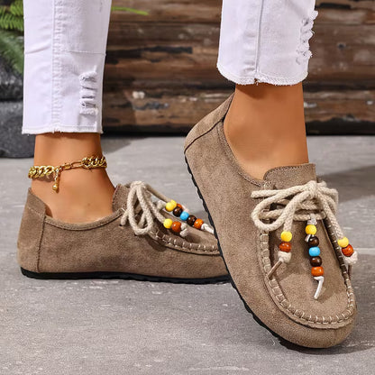 Mocasines cómodos para mujeres con detalle de encaje de cuentas y suela de plataforma con costura de mocasín