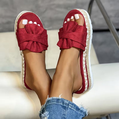 Sandalias de Deslizamiento Cómodas para Mujeres con Detalle de Lazo en Plataforma de Espadrille de Punta Abierta
