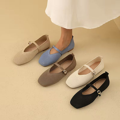 Zapatos Mary Jane Cómodos para Mujeres con Parte Superior de Tejido y Correa de Hebilla, Estilo Ballet Plano